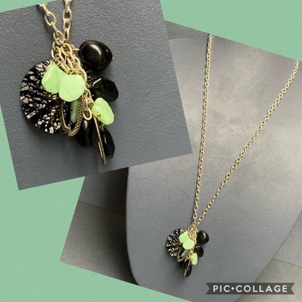 Long Cluster Pendant Necklace 28 In Mint Green Black Beads Silver Retro Vintage